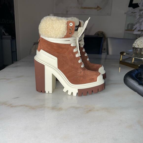 New Dolce & Gabbana Trekking Shearling Biker Ankle Boots in Burnt Brown/Neutral - Picture 5 of 12